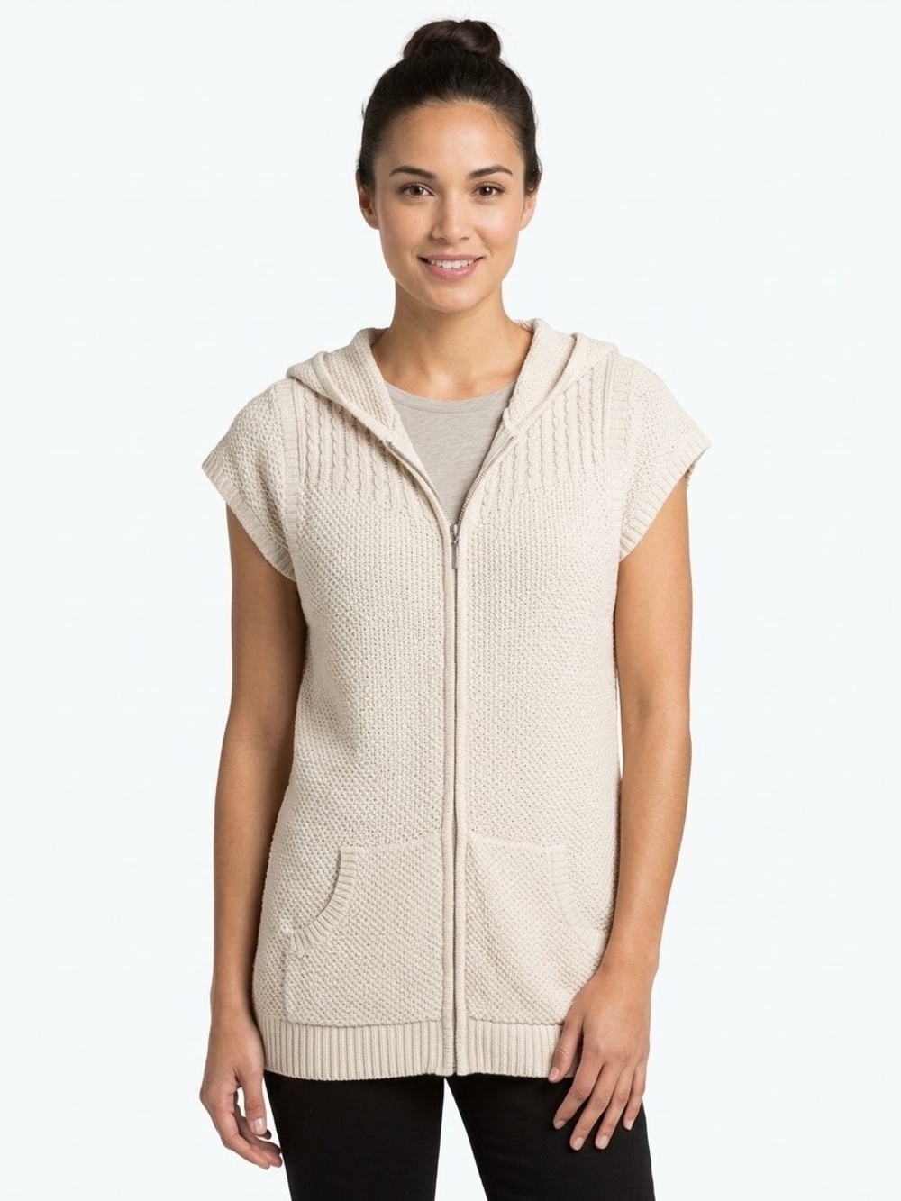 CJ Banks Cream Hooded Knit Zip Swim Coverup Size 3X EUC P2P 23.5 In